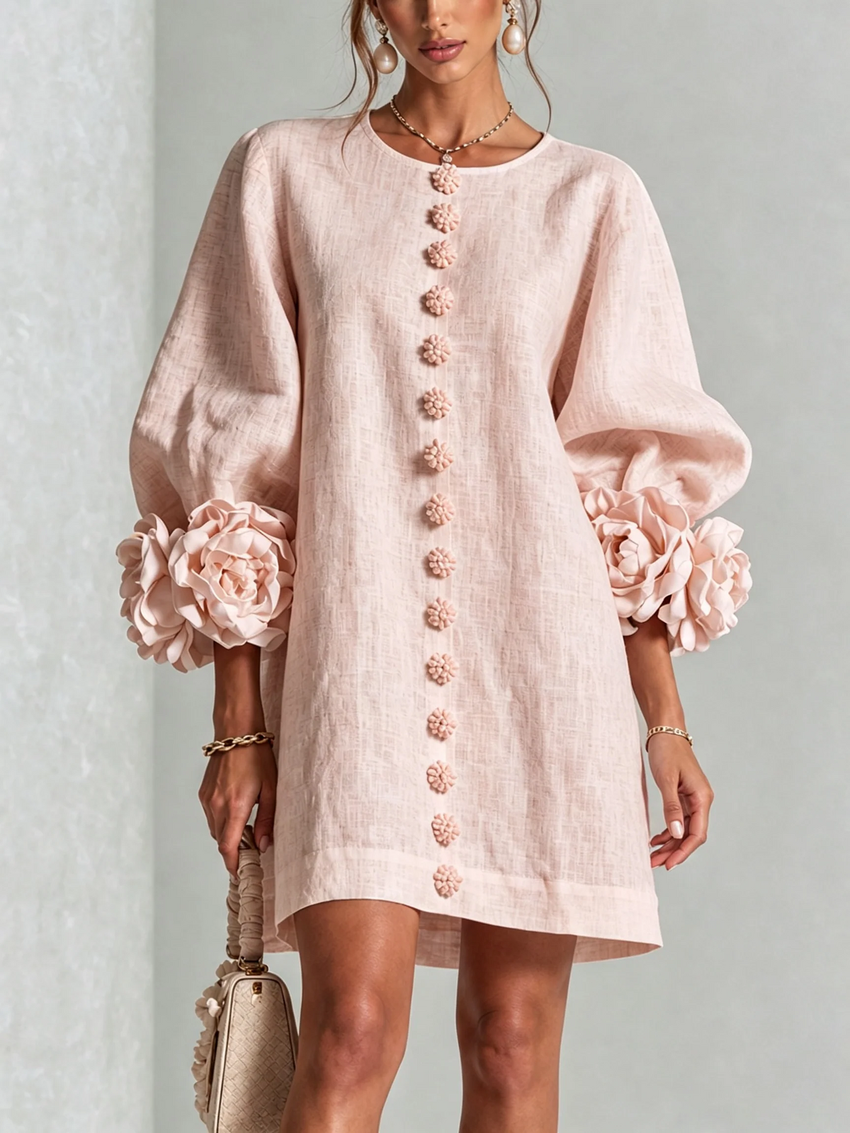 Brune | Short Linen-Blend Dress with Puff Sleeves