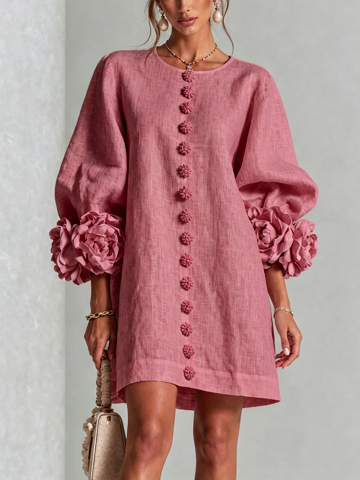Brune | Short Linen-Blend Dress with Puff Sleeves