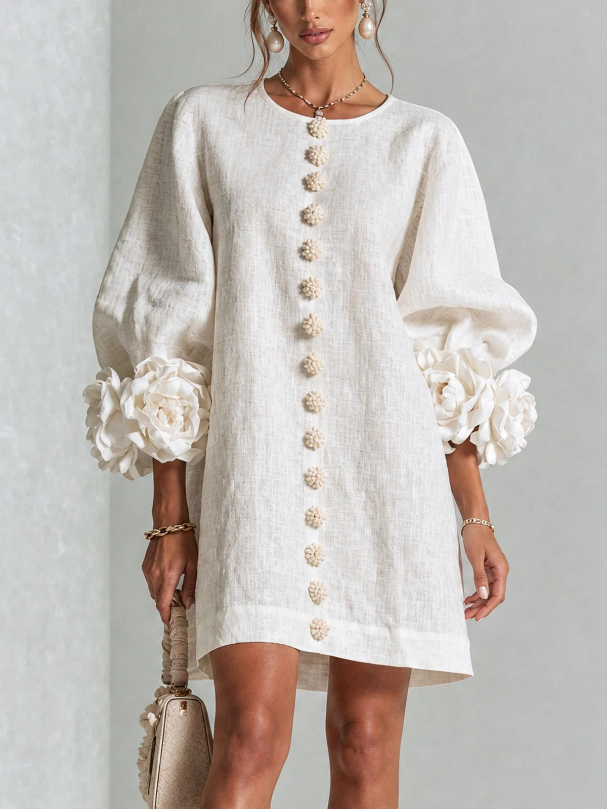 Brune | Short Linen-Blend Dress with Puff Sleeves