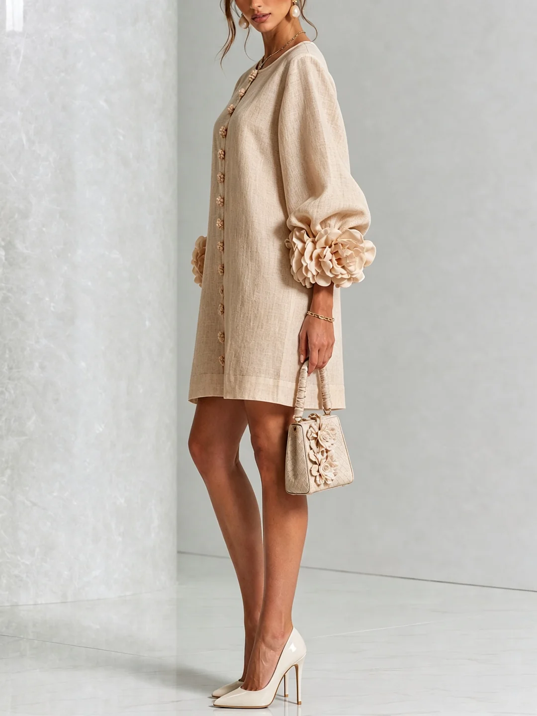 Brune | Short Linen-Blend Dress with Puff Sleeves