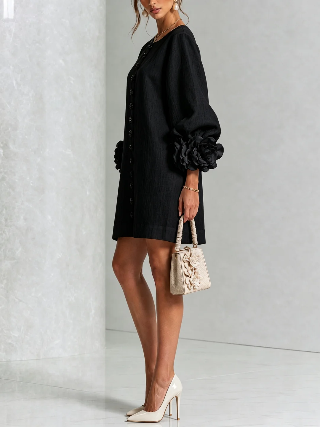 Brune | Short Linen-Blend Dress with Puff Sleeves