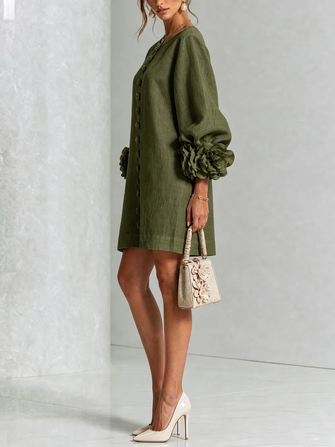 Brune | Short Linen-Blend Dress with Puff Sleeves