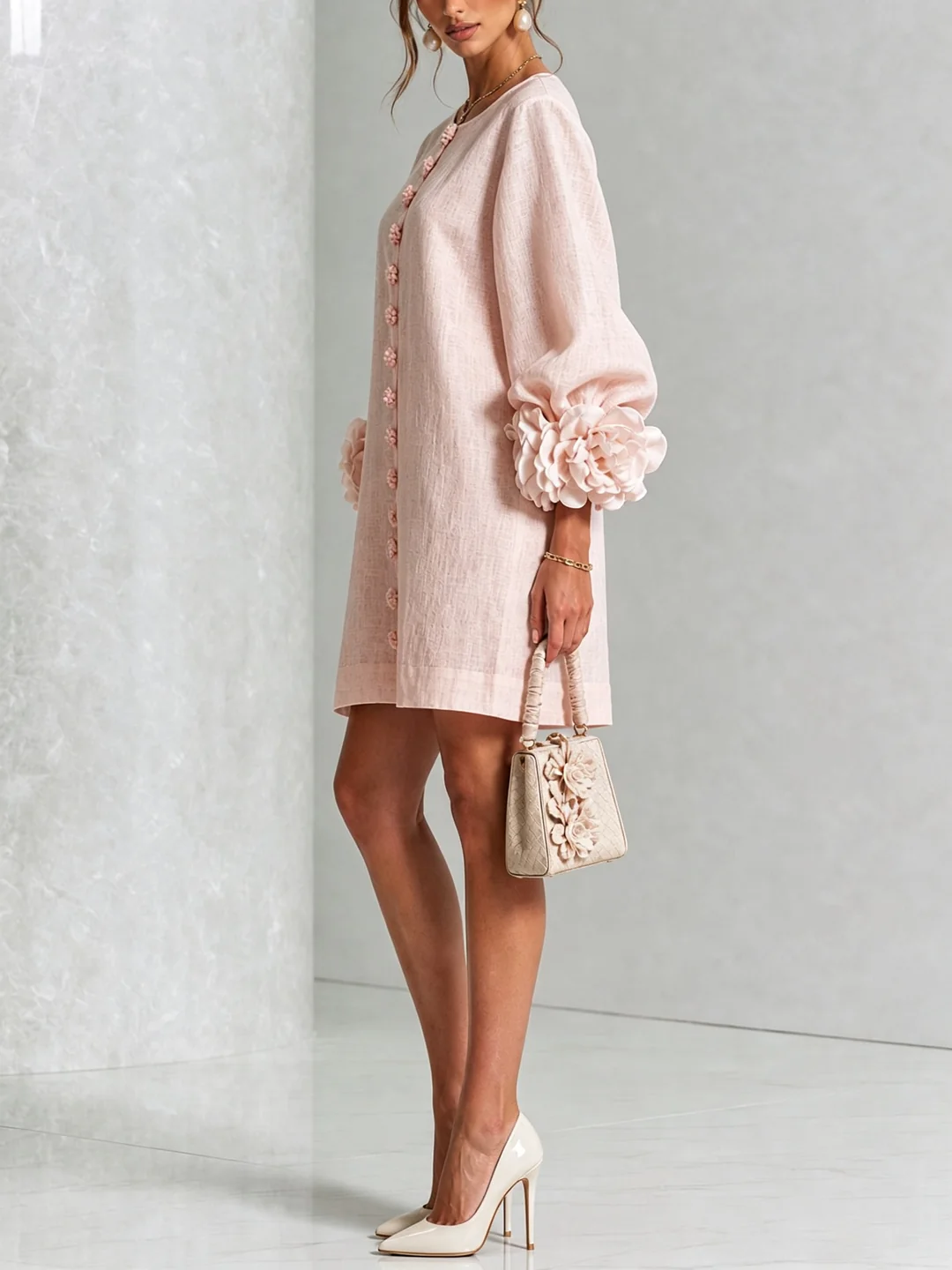 Brune | Short Linen-Blend Dress with Puff Sleeves