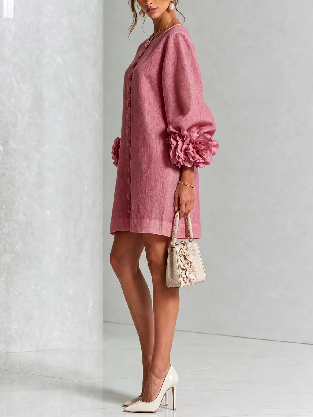Brune | Short Linen-Blend Dress with Puff Sleeves