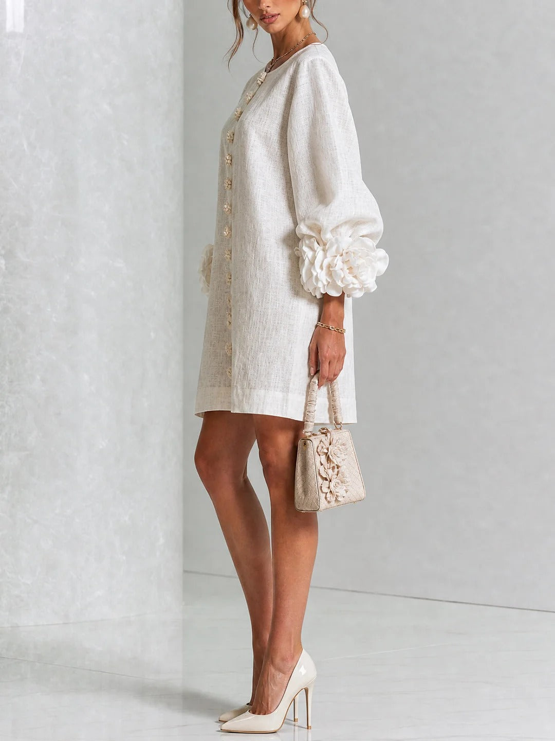 Brune | Short Linen-Blend Dress with Puff Sleeves