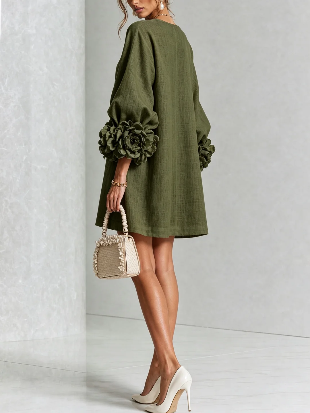 Brune | Short Linen-Blend Dress with Puff Sleeves