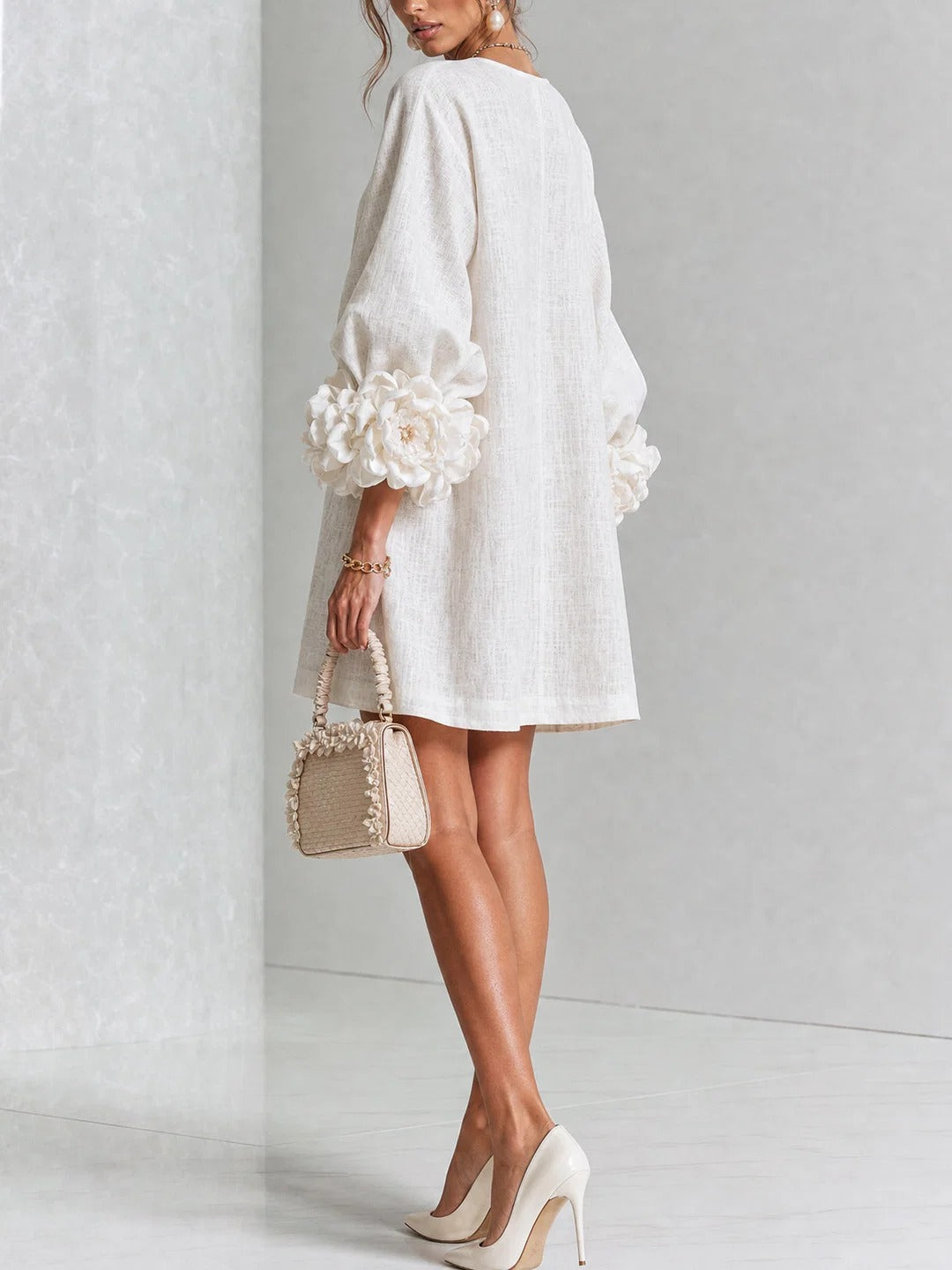 Brune | Short Linen-Blend Dress with Puff Sleeves