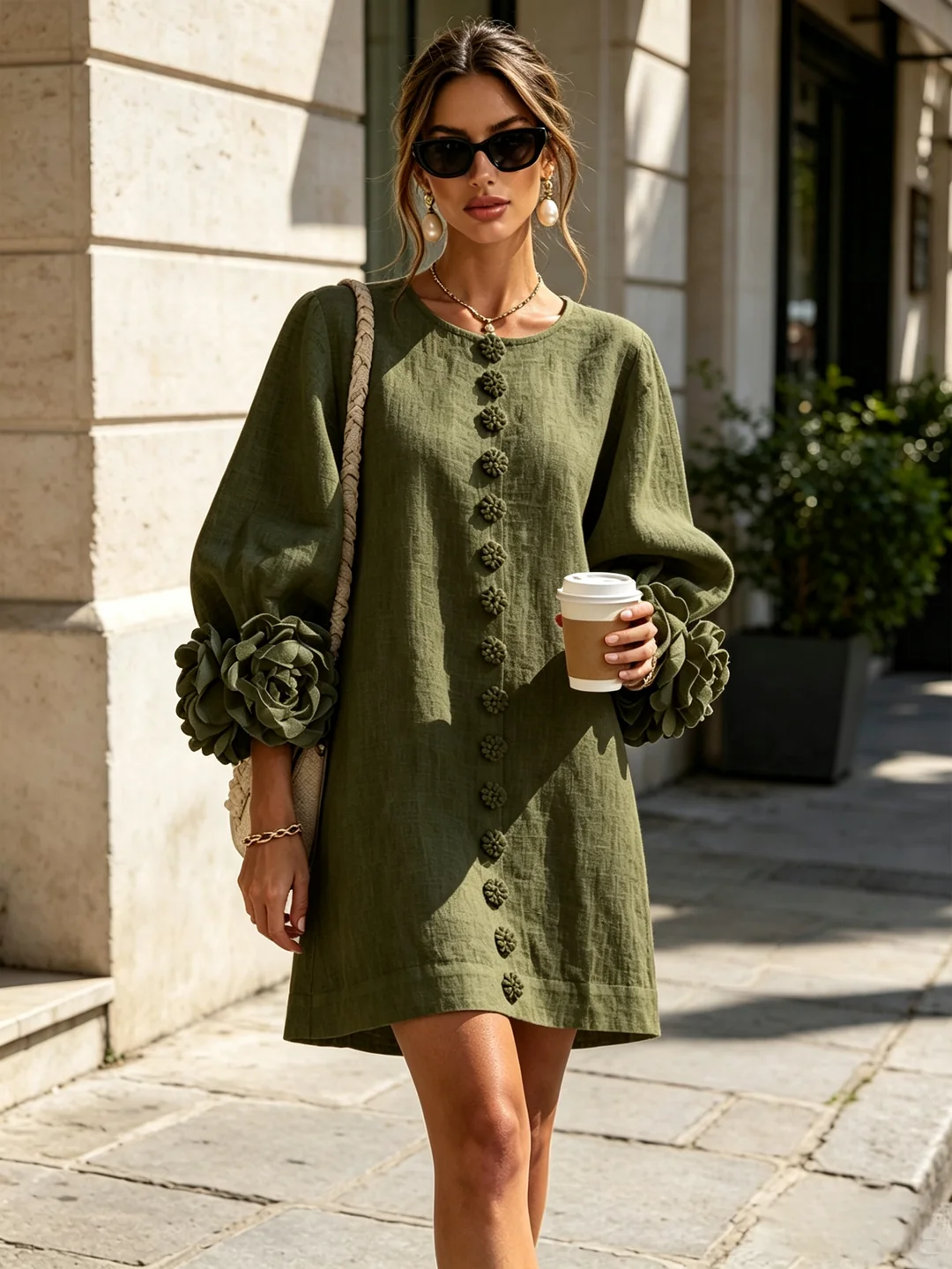 Brune | Short Linen-Blend Dress with Puff Sleeves