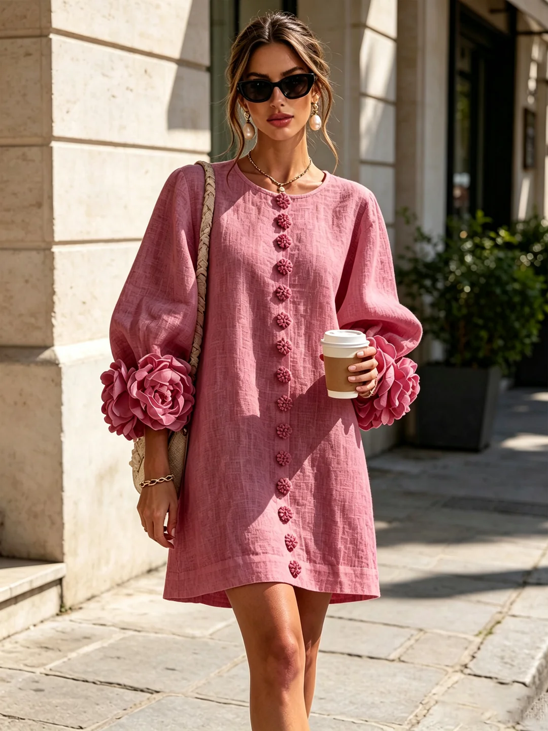 Brune | Short Linen-Blend Dress with Puff Sleeves