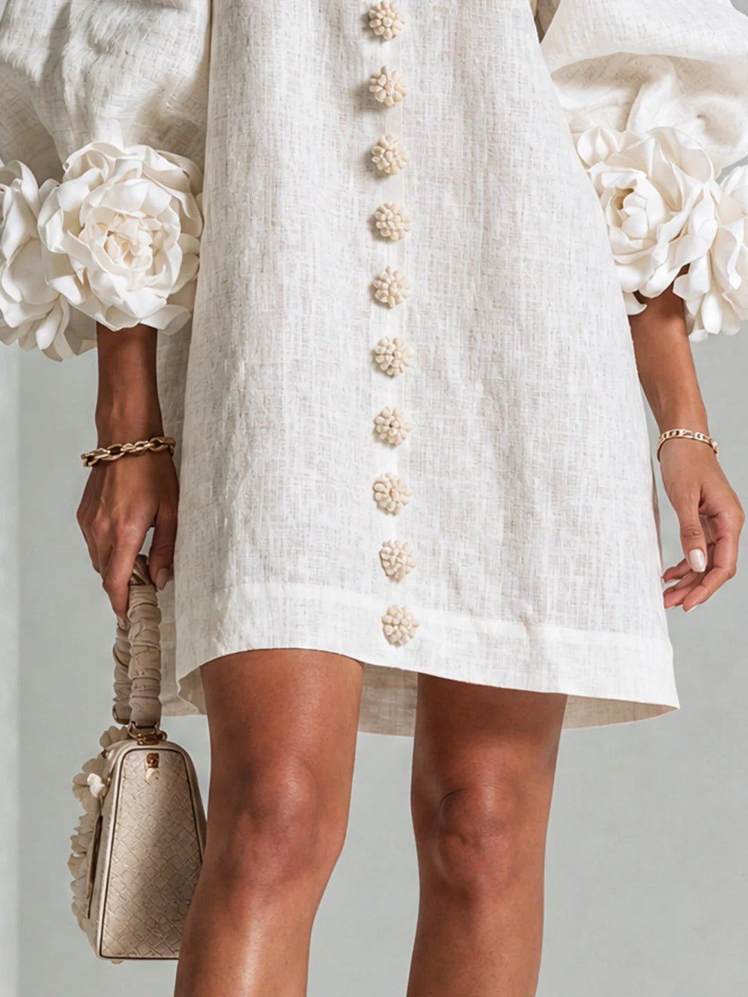 Brune | Short Linen-Blend Dress with Puff Sleeves