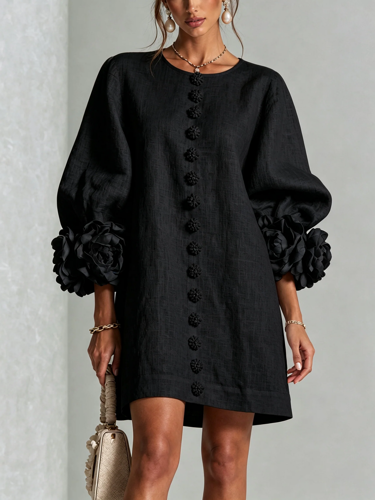 Brune | Short Linen-Blend Dress with Puff Sleeves