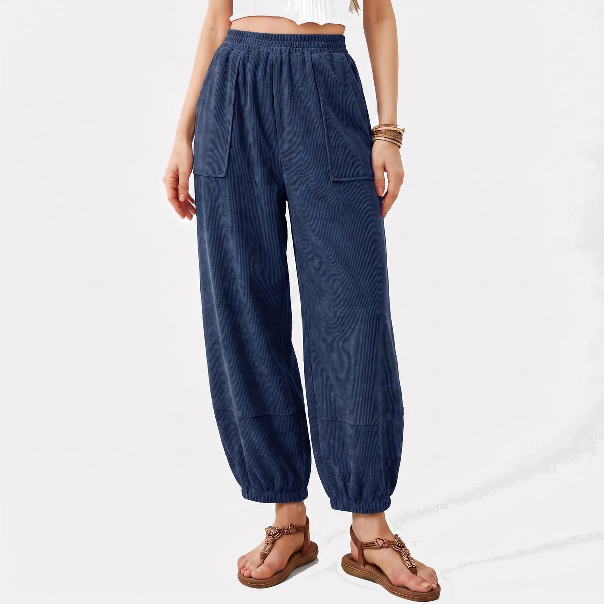 Women's Wide Leg Ribbed Knit Pants with Patch Pockets High Waist