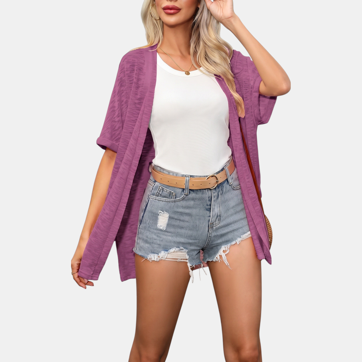 Women's Short Sleeve Open Front Cardigan Textured Knit High Low Hem