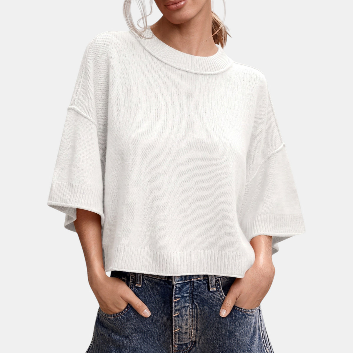 Women's Oversized Cropped Short Sleeve Sweater Top