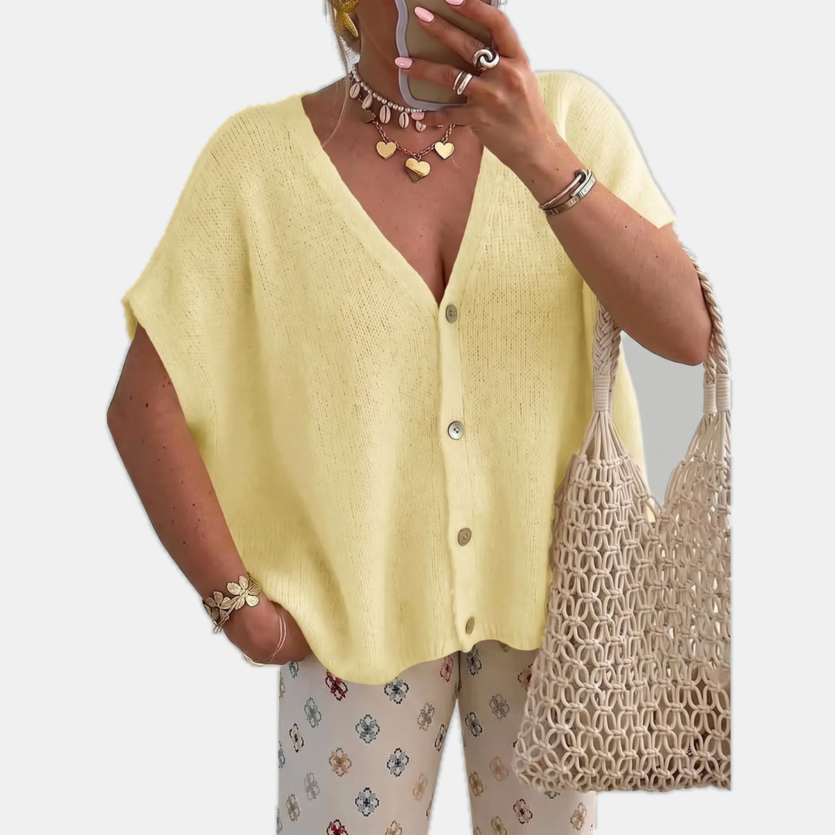 Women's Short Sleeve Button Front Oversized Knit Cardigan